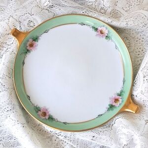 Romantic Antique German Plate Hand Painted Gold Rimmed Mint Green Gold Handles